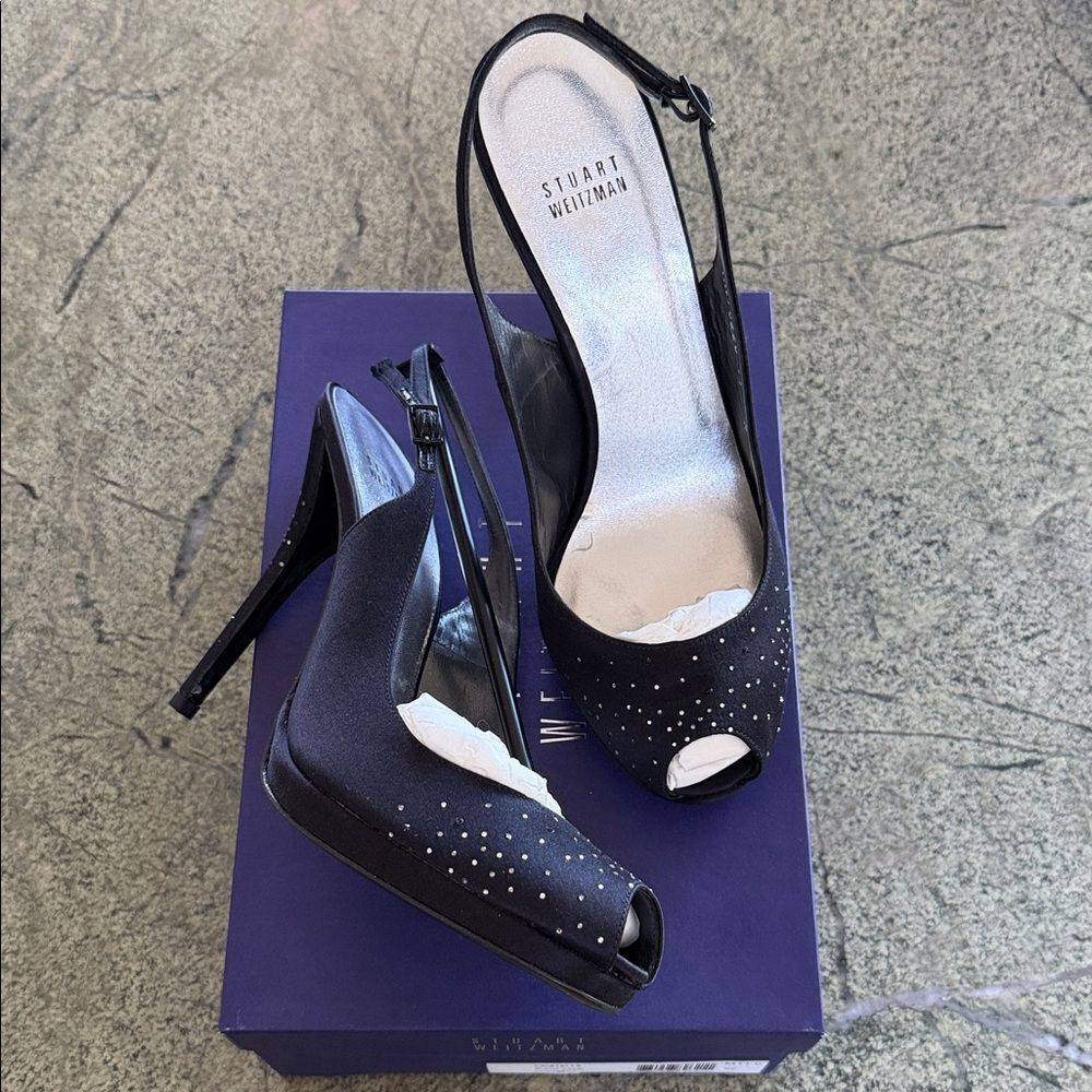 New Stuart Weitzman Black Slingback Heels with Silver Accents